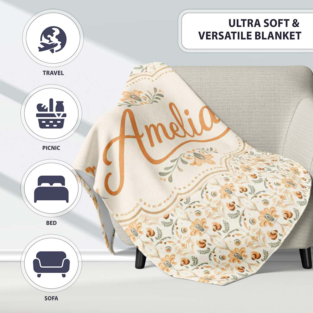 Vintage Ornamental Floral Tile Pattern in Soft Beige and Muted Earth Personalised Custom Name Super Soft Fleece Blanket Bed Sofa Throw