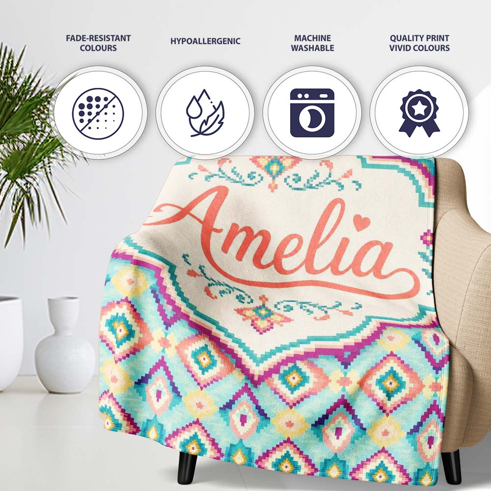 Pastel Geometric Diamond Ikat Pattern in Aqua Pink and Yellow Lovely Personalised Custom Name Super Soft Fleece Blanket Bed Sofa Throw