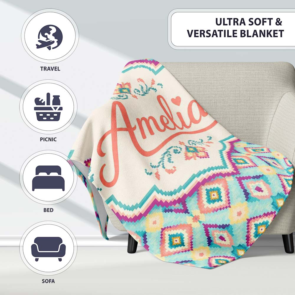 Pastel Geometric Diamond Ikat Pattern in Aqua Pink and Yellow Lovely Personalised Custom Name Super Soft Fleece Blanket Bed Sofa Throw