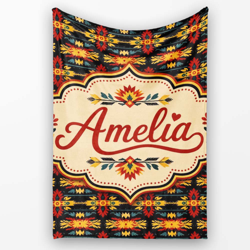 Bold Folk Art Floral Stripe Pattern in Red Yellow and Black Lovely Personalised Custom Name Super Soft Fleece Blanket Bed Sofa Throw