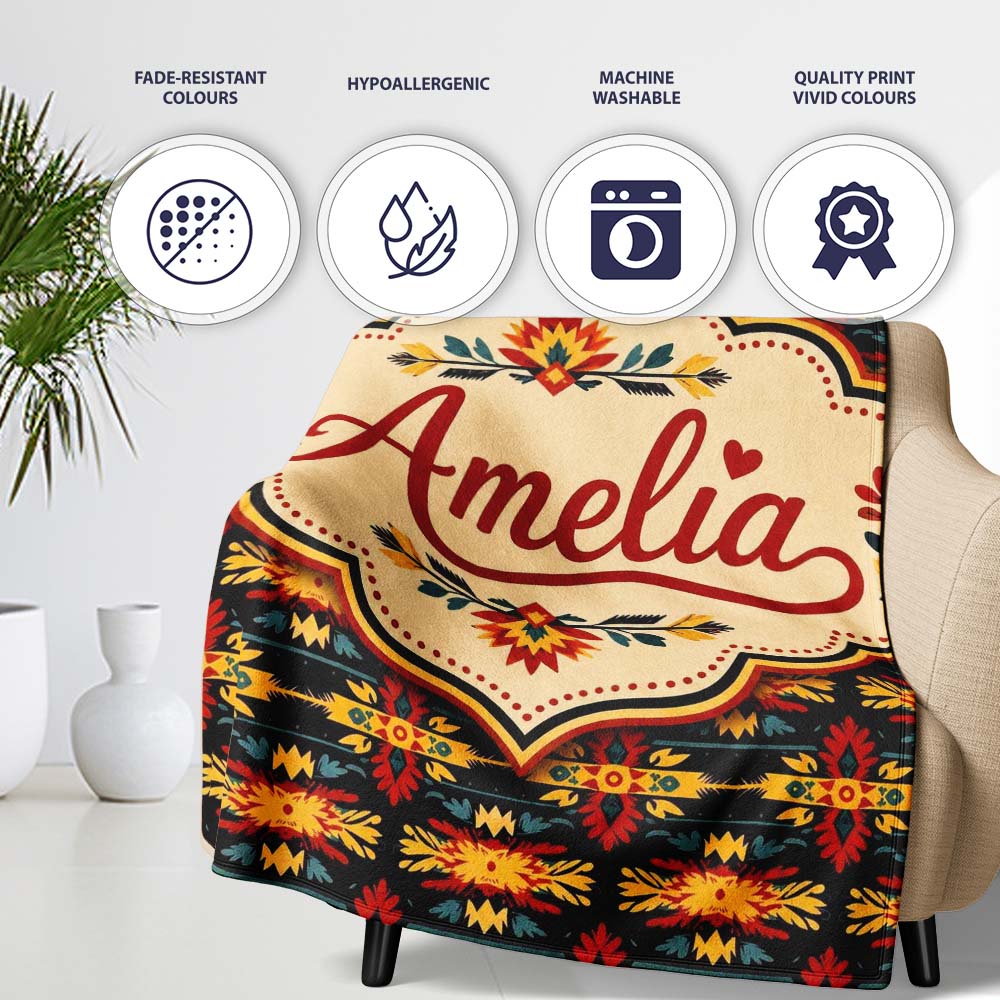 Bold Folk Art Floral Stripe Pattern in Red Yellow and Black Lovely Personalised Custom Name Super Soft Fleece Blanket Bed Sofa Throw
