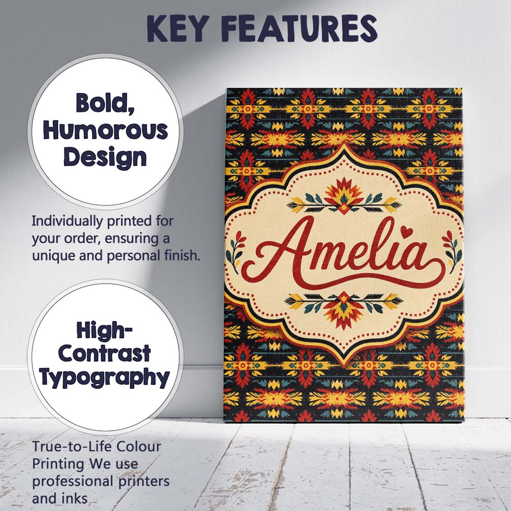 Personalised Name Bold Folk Floral Custom Stylish Home Interior Unique Gift Idea Canvas Wall Art Print Decor Picture Ready to Hang