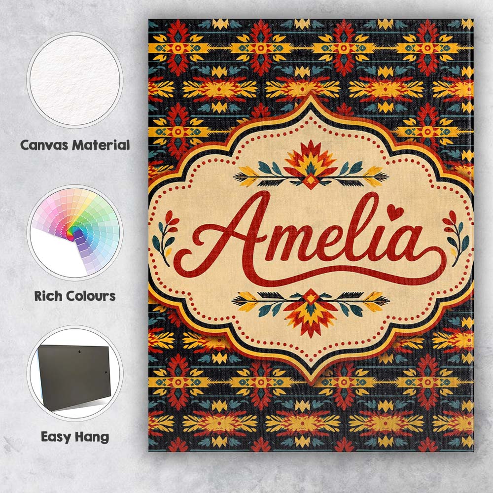Personalised Name Bold Folk Floral Custom Stylish Home Interior Unique Gift Idea Canvas Wall Art Print Decor Picture Ready to Hang