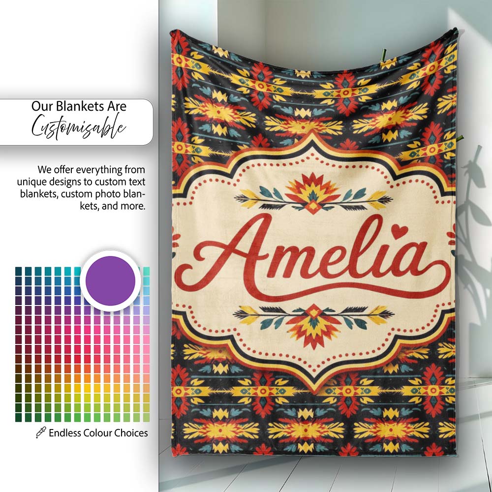 Bold Folk Art Floral Stripe Pattern in Red Yellow and Black Lovely Personalised Custom Name Super Soft Fleece Blanket Bed Sofa Throw
