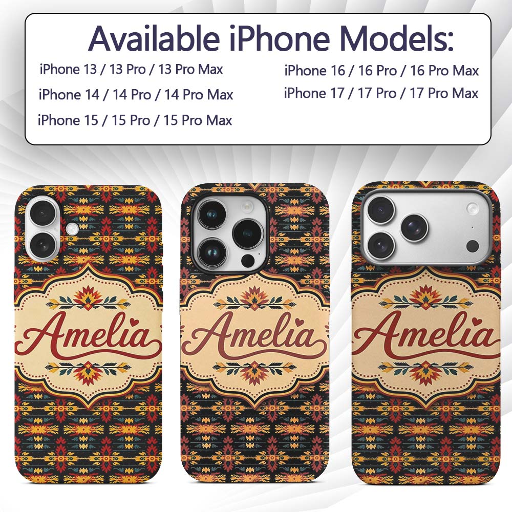 Bold Folk Art Floral Stripe Pattern in Red Yellow Custom Name Protective Phone Case Mobile Cover Durable Everyday Smartphone Shock Resistant