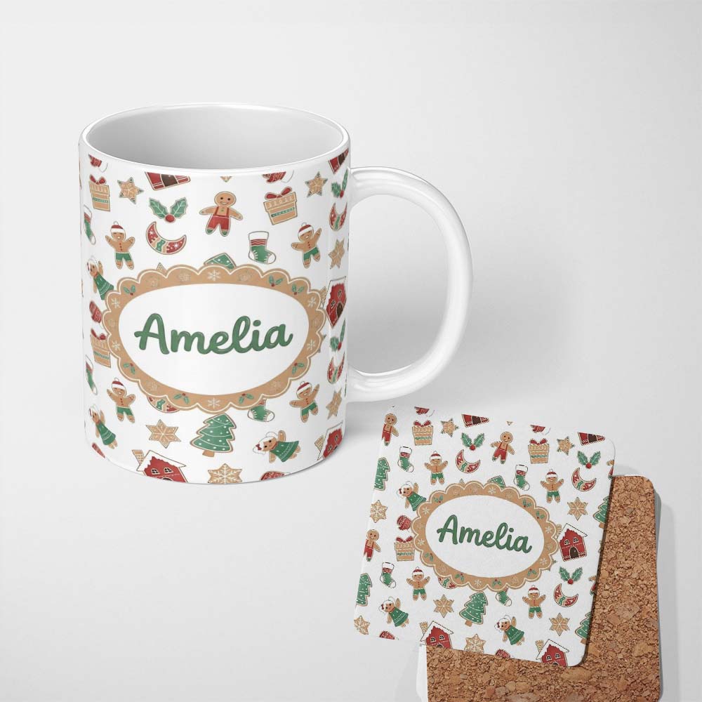 Personalized Custom Name Cute Gingerbread Cookies Stars Tree House Seamless Pattern Lovely 11oz Ceramic Coffee Tea Mug White Large Handle