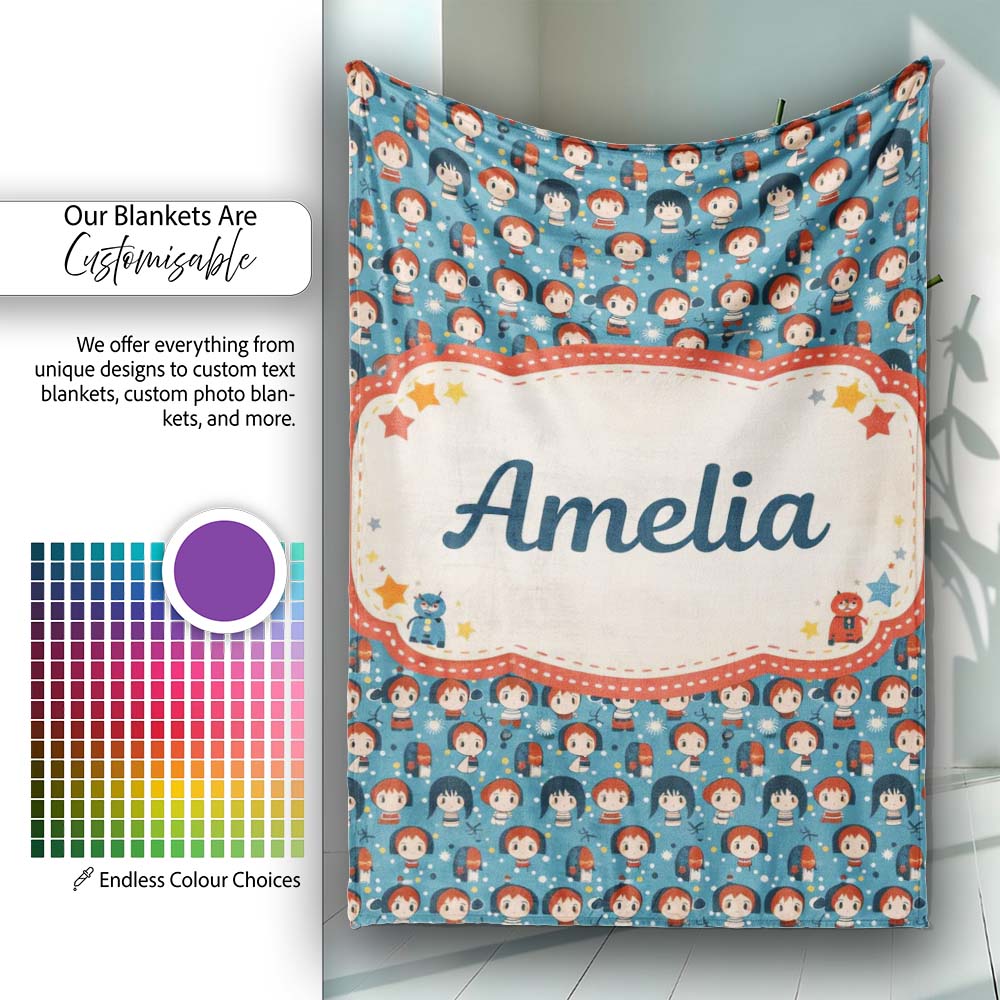 Cartoon Kids Blue Background Pattern Cute Character Design Lovely Personalised Custom Name Super Soft Fleece Blanket Bed Sofa Throw