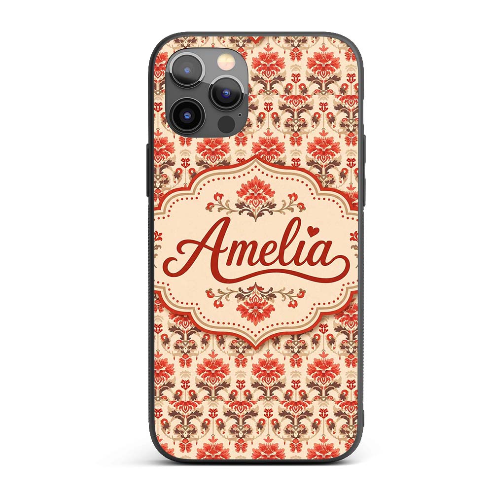 Vintage Floral Damask Pattern in Red and Taupe on Custom Name Protective Phone Case Mobile Cover Durable Everyday Smartphone Shock Resistant