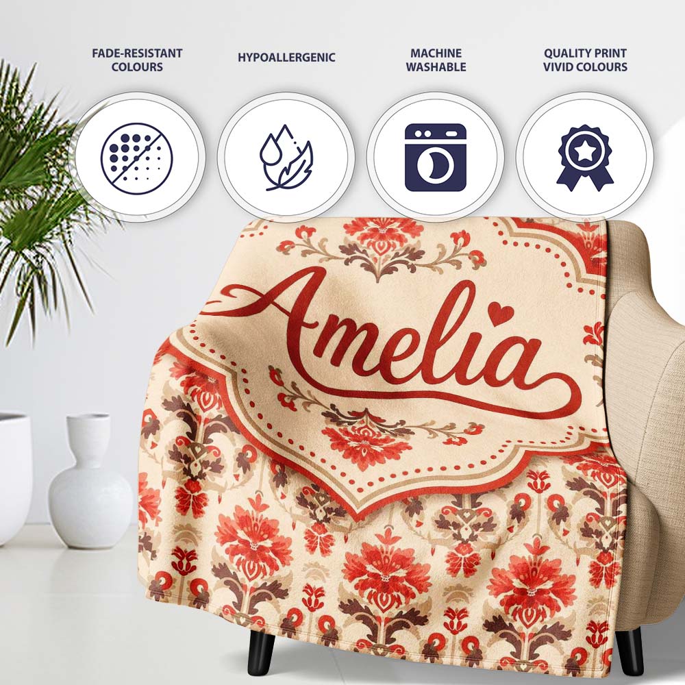 Vintage Floral Damask Pattern in Red and Taupe on Beige Background Personalised Custom Name Super Soft Fleece Blanket Bed Sofa Throw