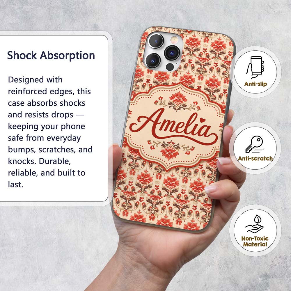 Vintage Floral Damask Pattern in Red and Taupe on Custom Name Protective Phone Case Mobile Cover Durable Everyday Smartphone Shock Resistant