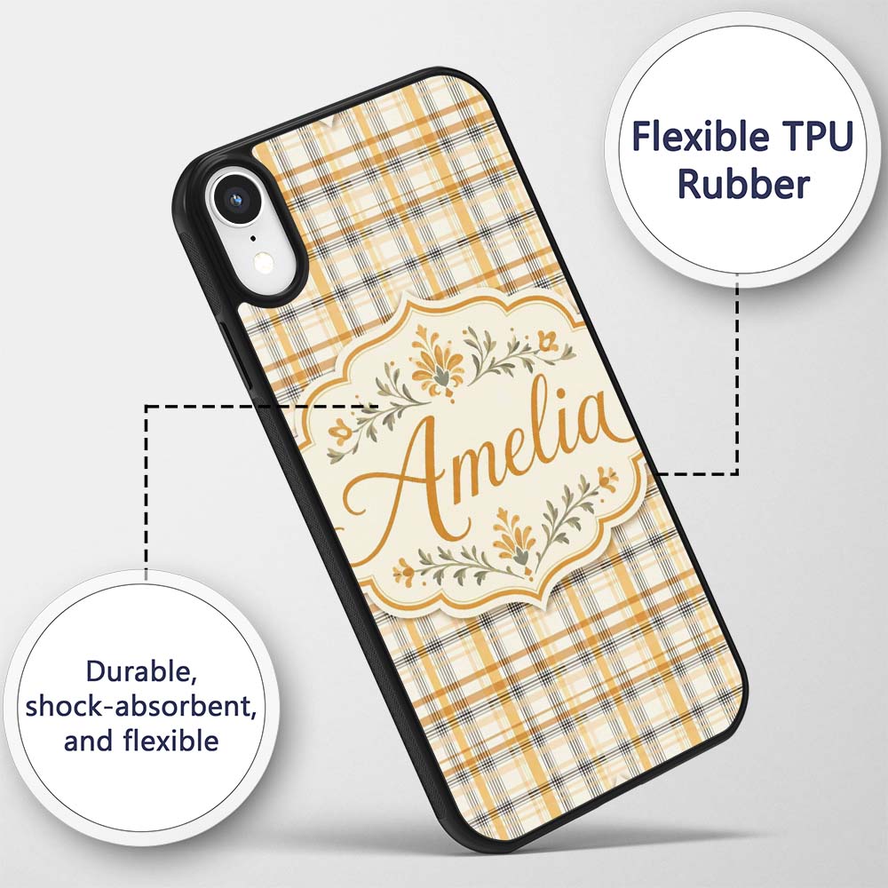 Warm Beige and Mustard Plaid Check Pattern with Custom Name Protective Phone Case Mobile Cover Durable Everyday Smartphone Shock Resistant