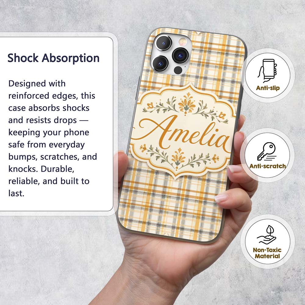 Warm Beige and Mustard Plaid Check Pattern with Custom Name Protective Phone Case Mobile Cover Durable Everyday Smartphone Shock Resistant