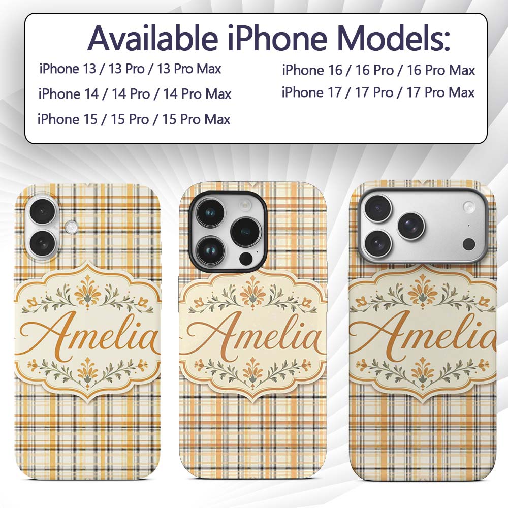 Warm Beige and Mustard Plaid Check Pattern with Custom Name Protective Phone Case Mobile Cover Durable Everyday Smartphone Shock Resistant