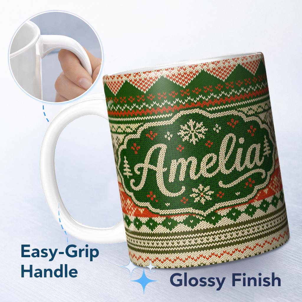 Personalized Custom Name Cute Green Beige Nordic Geometric Winter Knitted Seamless Pattern 11oz Ceramic Coffee Tea Mug White Large Handle