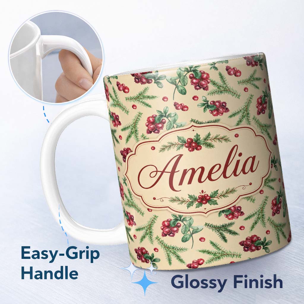 Personalized Custom Name Watercolor Christmas Berries Pine Branches Seamless Pattern Festive 11oz Ceramic Coffee Tea Mug White Large Handle
