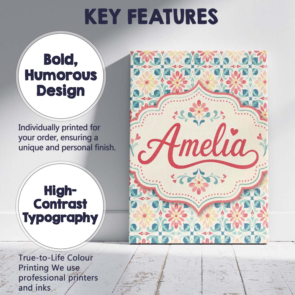 Personalised Name Pastel Floral Tile Custom Premium Decorative Design Modern Room Accent Canvas Wall Art Print Decor Picture Ready to Hang