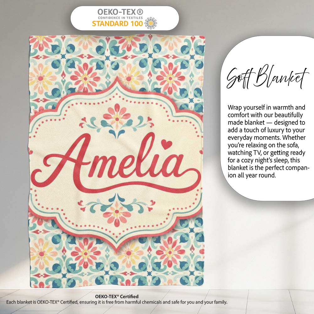 Pastel Floral Tile Pattern in Coral Blue and Yellow on Soft Cream Personalised Custom Name Super Soft Fleece Blanket Bed Sofa Throw