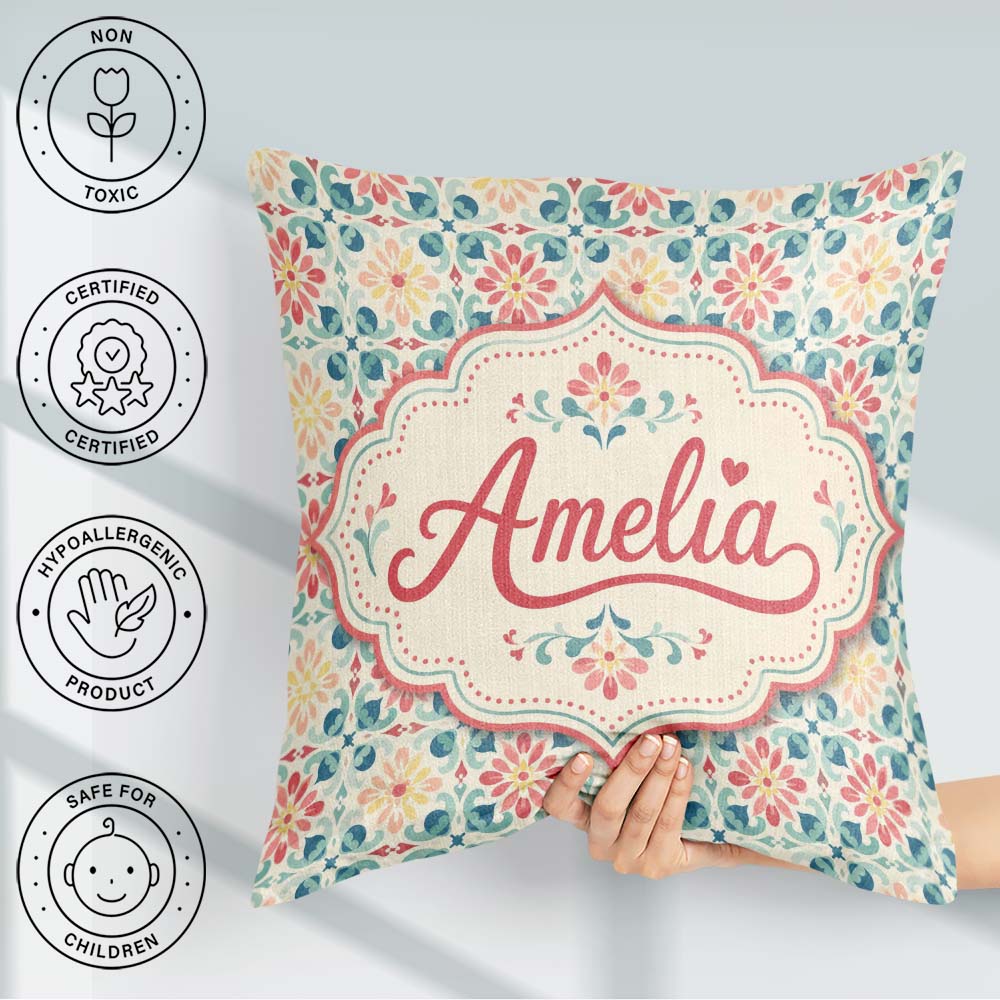 Custom Name Pastel Floral Tile Pattern in Coral Blue and on Soft Square Filled Cushion Throw Pillow Sofa Bed Home Decor Zip Washable UK Made