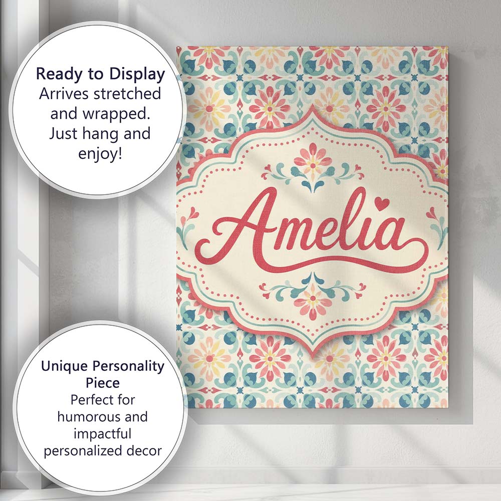 Personalised Name Pastel Floral Tile Custom Premium Decorative Design Modern Room Accent Canvas Wall Art Print Decor Picture Ready to Hang