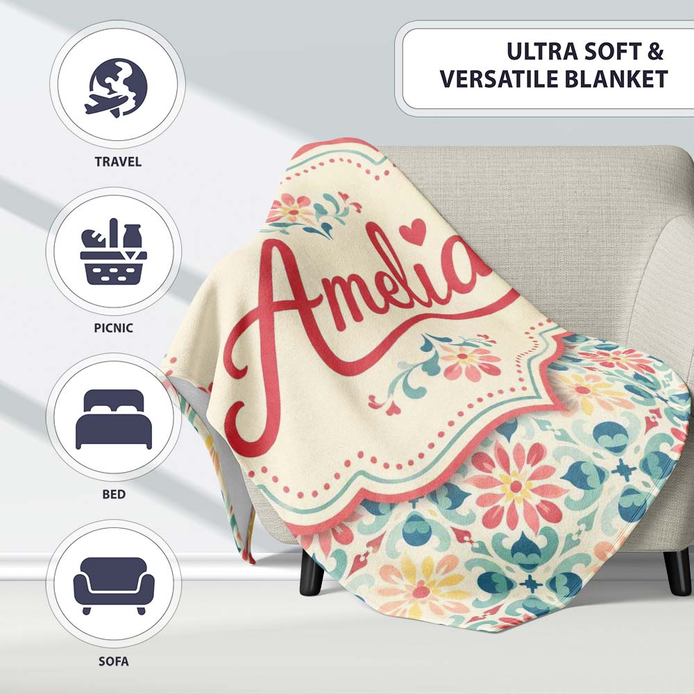 Pastel Floral Tile Pattern in Coral Blue and Yellow on Soft Cream Personalised Custom Name Super Soft Fleece Blanket Bed Sofa Throw