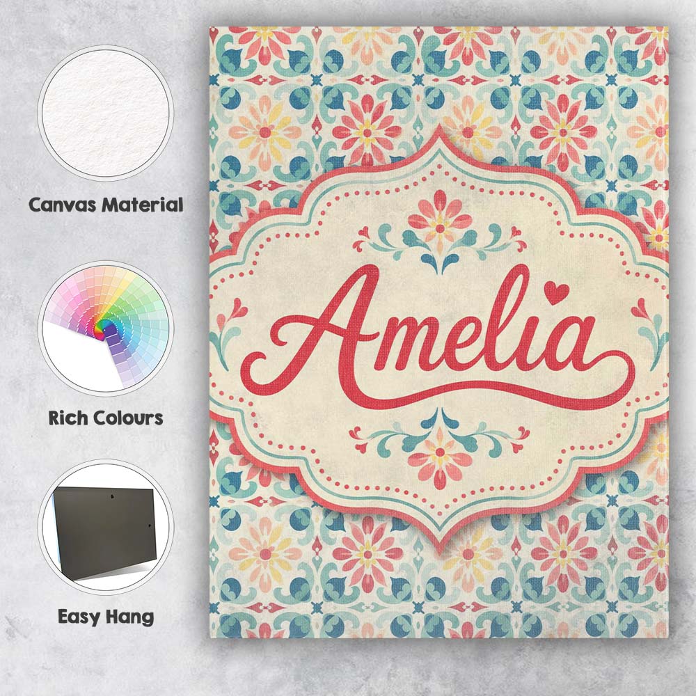 Personalised Name Pastel Floral Tile Custom Premium Decorative Design Modern Room Accent Canvas Wall Art Print Decor Picture Ready to Hang