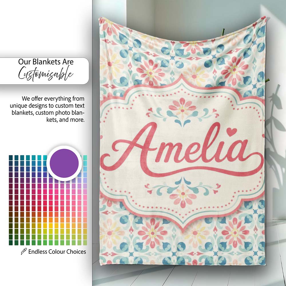 Pastel Floral Tile Pattern in Coral Blue and Yellow on Soft Cream Personalised Custom Name Super Soft Fleece Blanket Bed Sofa Throw