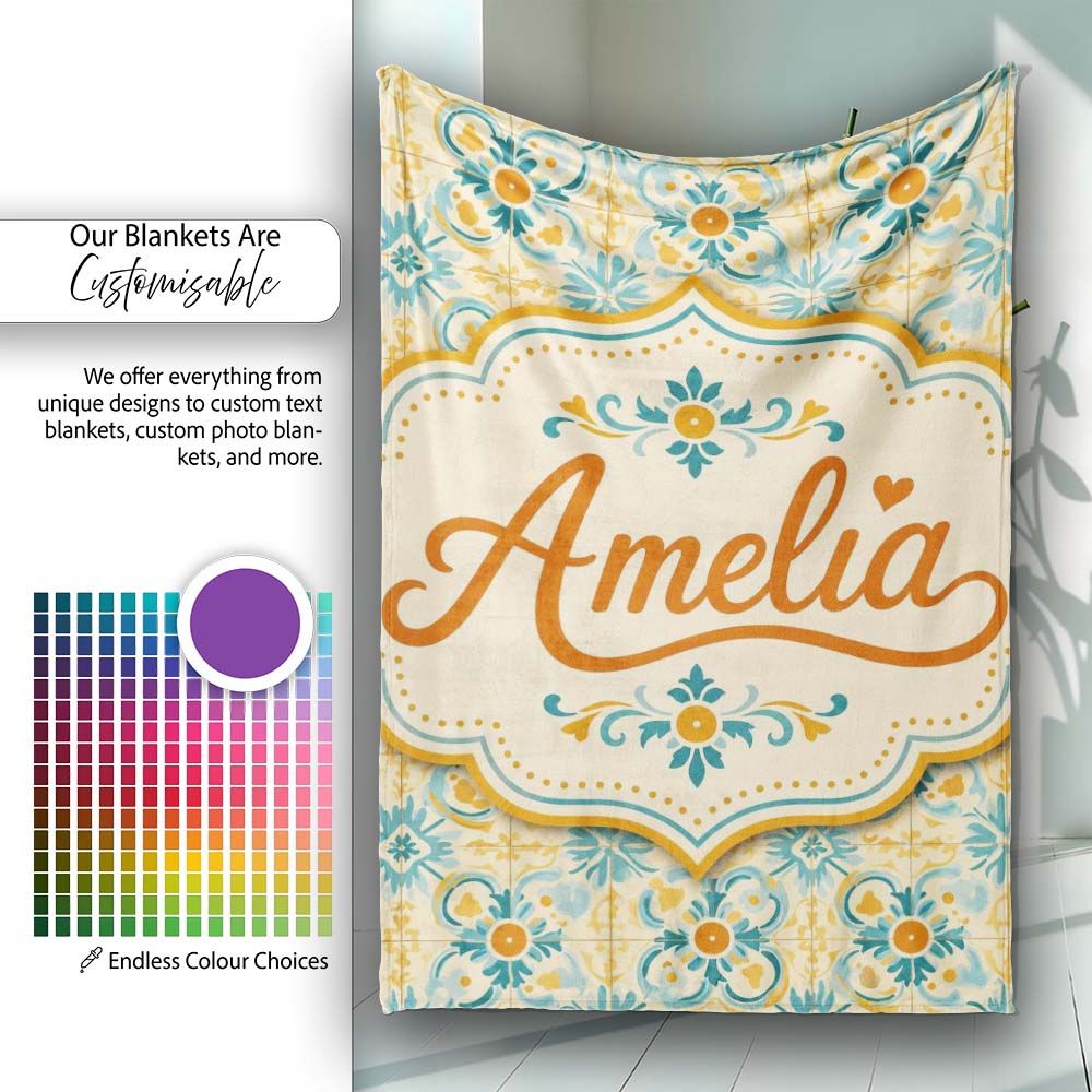 Vintage Ornamental Tile in Teal and Mustard on Distressed Beige Personalised Custom Name Super Soft Fleece Blanket Bed Sofa Throw
