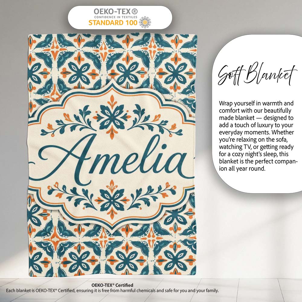Geometric Floral Tile Pattern in Teal and Burnt Orange on Neutral Personalised Custom Name Super Soft Fleece Blanket Bed Sofa Throw