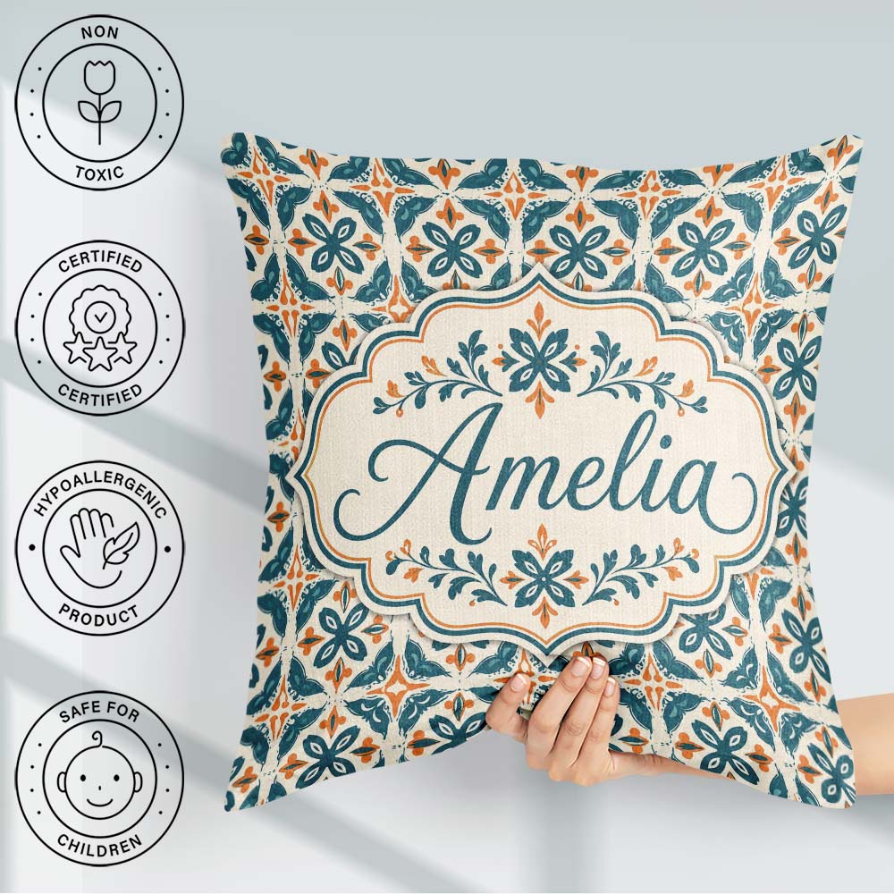 Custom Name Geometric Floral Tile Pattern in and Burnt Orange on Square Filled Cushion Throw Pillow Sofa Bed Home Decor Zip Washable UK Made