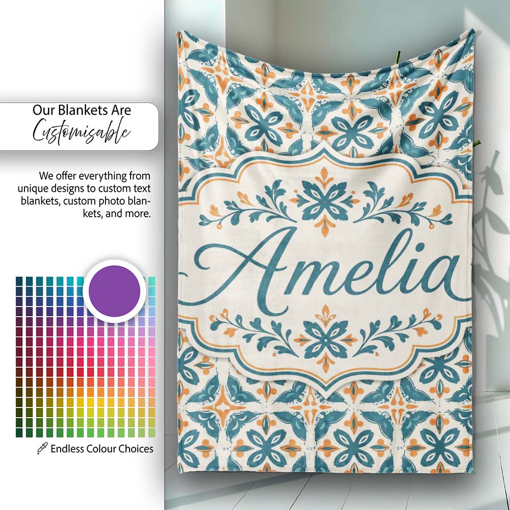 Geometric Floral Tile Pattern in Teal and Burnt Orange on Neutral Personalised Custom Name Super Soft Fleece Blanket Bed Sofa Throw