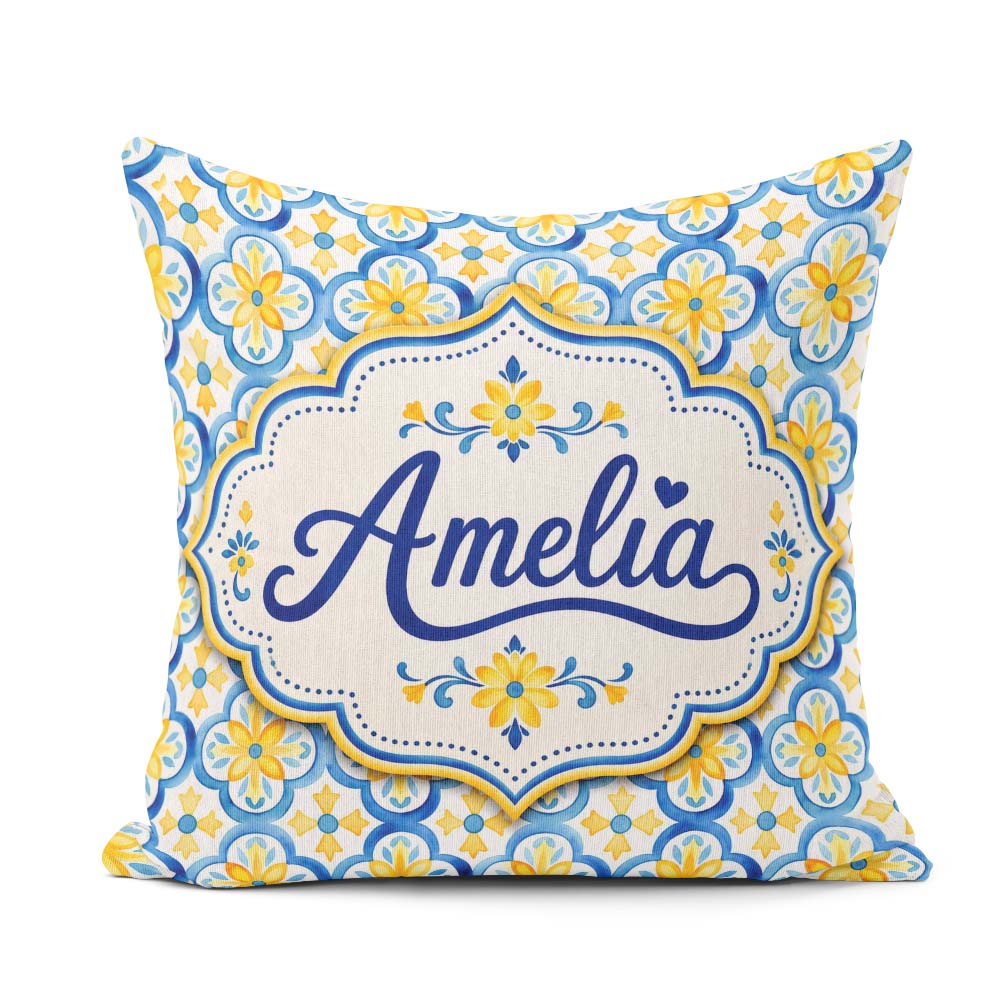 Custom Name Blue and Yellow Tile Pattern with Floral Motifs Square Filled Cushion Throw Pillow Sofa Bed Home Decor Zip Washable UK Made