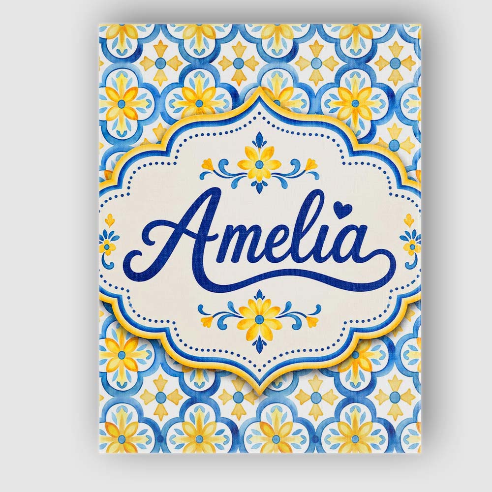 Personalised Name Blue and Yellow Mediterranean Tile Pattern with Stylish Home Interior Canvas Wall Art Print Decor Picture Ready to Hang