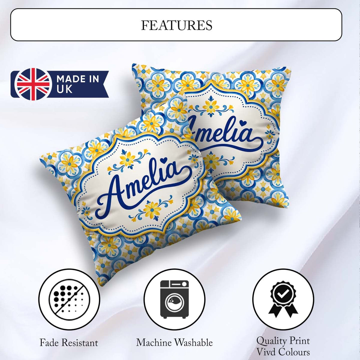 Custom Name Blue and Yellow Tile Pattern with Floral Motifs Square Filled Cushion Throw Pillow Sofa Bed Home Decor Zip Washable UK Made