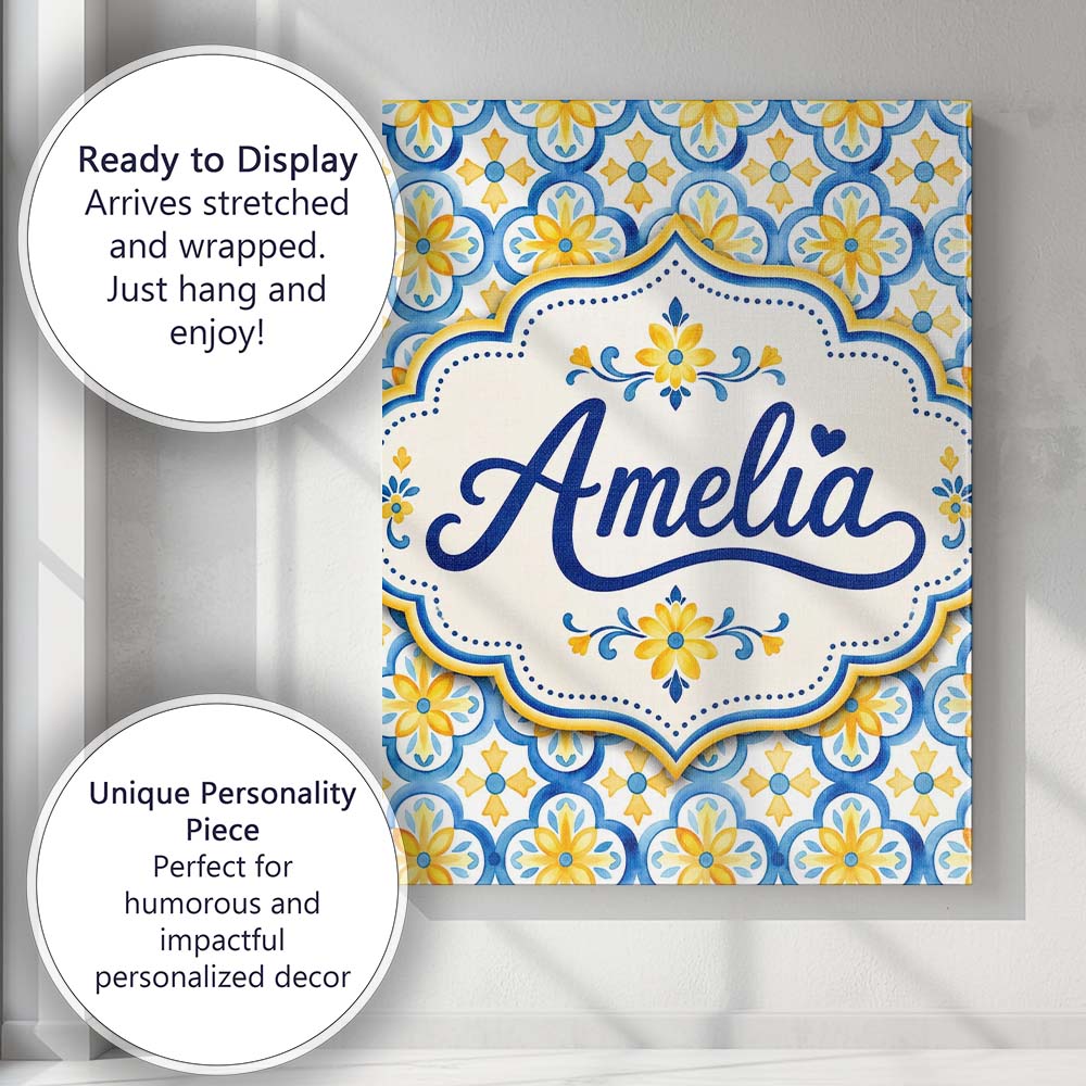 Personalised Name Blue and Yellow Mediterranean Tile Pattern with Stylish Home Interior Canvas Wall Art Print Decor Picture Ready to Hang