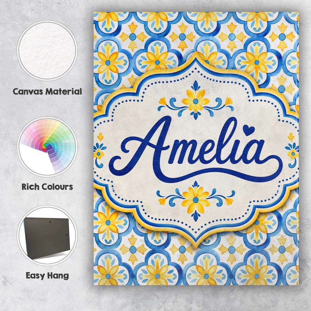 Personalised Name Blue and Yellow Mediterranean Tile Pattern with Stylish Home Interior Canvas Wall Art Print Decor Picture Ready to Hang