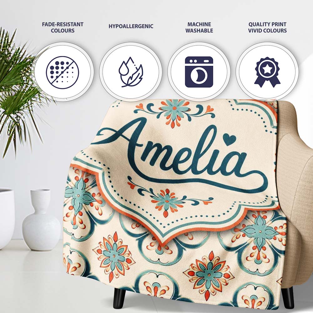 Soft Teal Floral Tile Pattern with Coral Accents on Neutral Lovely Personalised Custom Name Super Soft Fleece Blanket Bed Sofa Throw