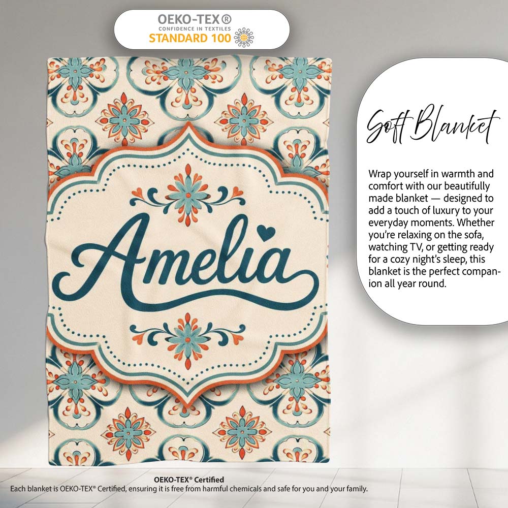 Soft Teal Floral Tile Pattern with Coral Accents on Neutral Lovely Personalised Custom Name Super Soft Fleece Blanket Bed Sofa Throw