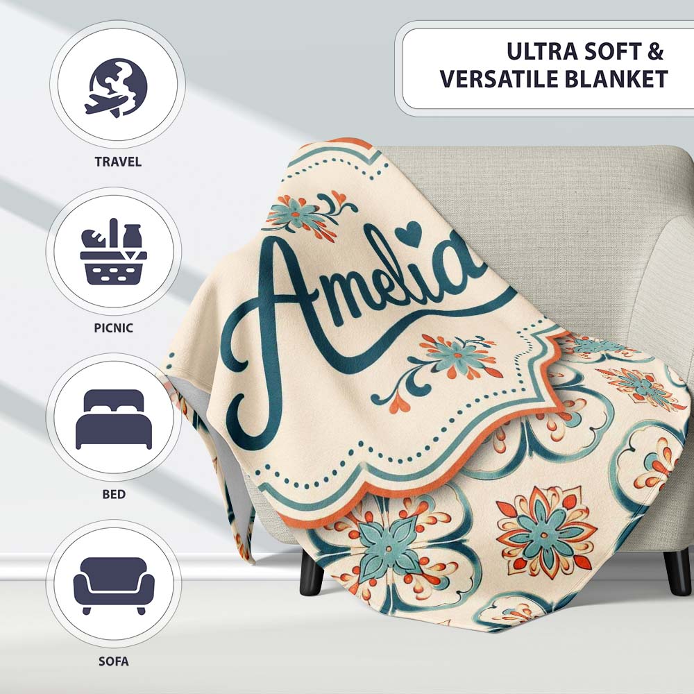 Soft Teal Floral Tile Pattern with Coral Accents on Neutral Lovely Personalised Custom Name Super Soft Fleece Blanket Bed Sofa Throw
