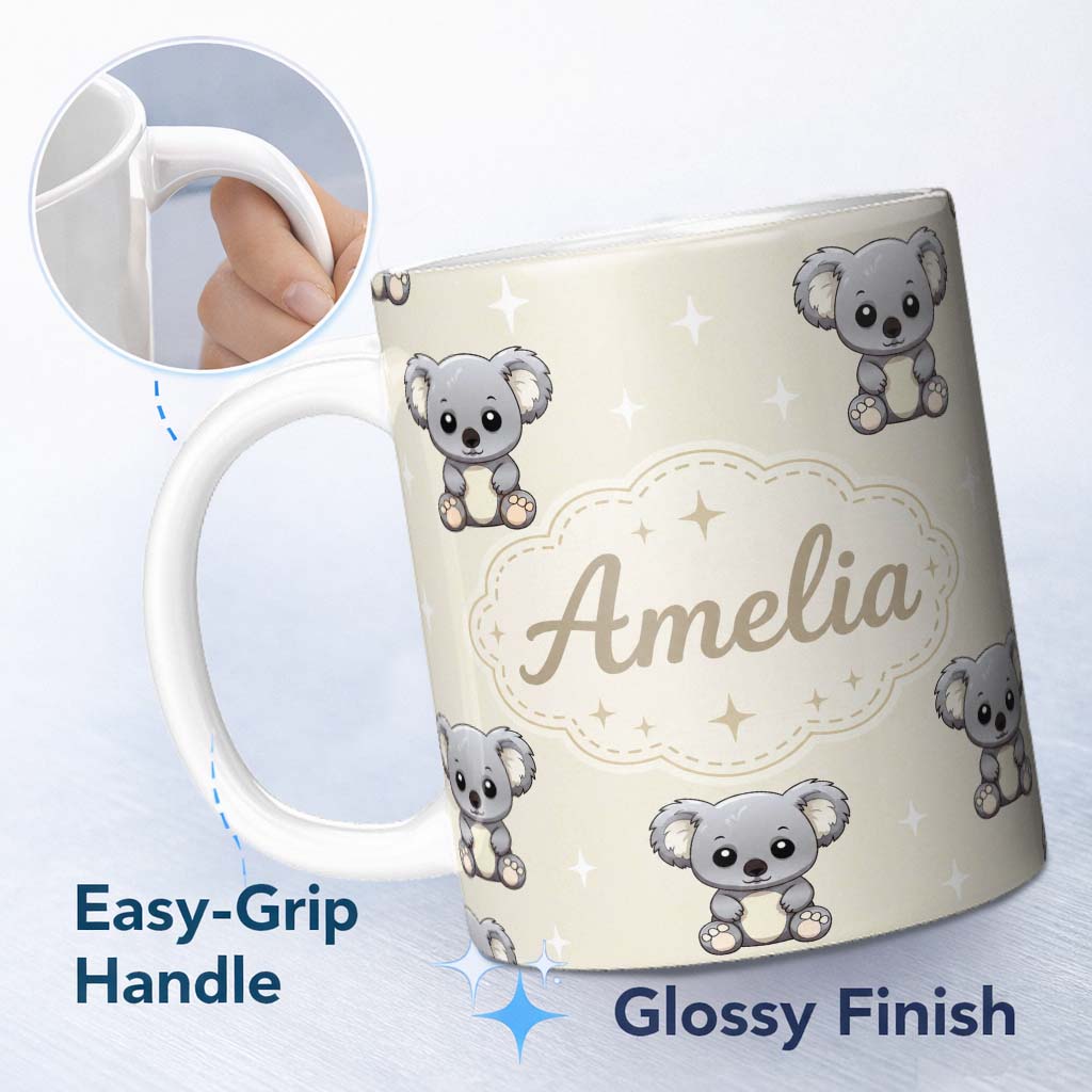 Personalized Custom Name Cute Cartoon Koala Bears with White Stars on Light Beige Background 11oz Ceramic Coffee Tea Mug White Large Handle