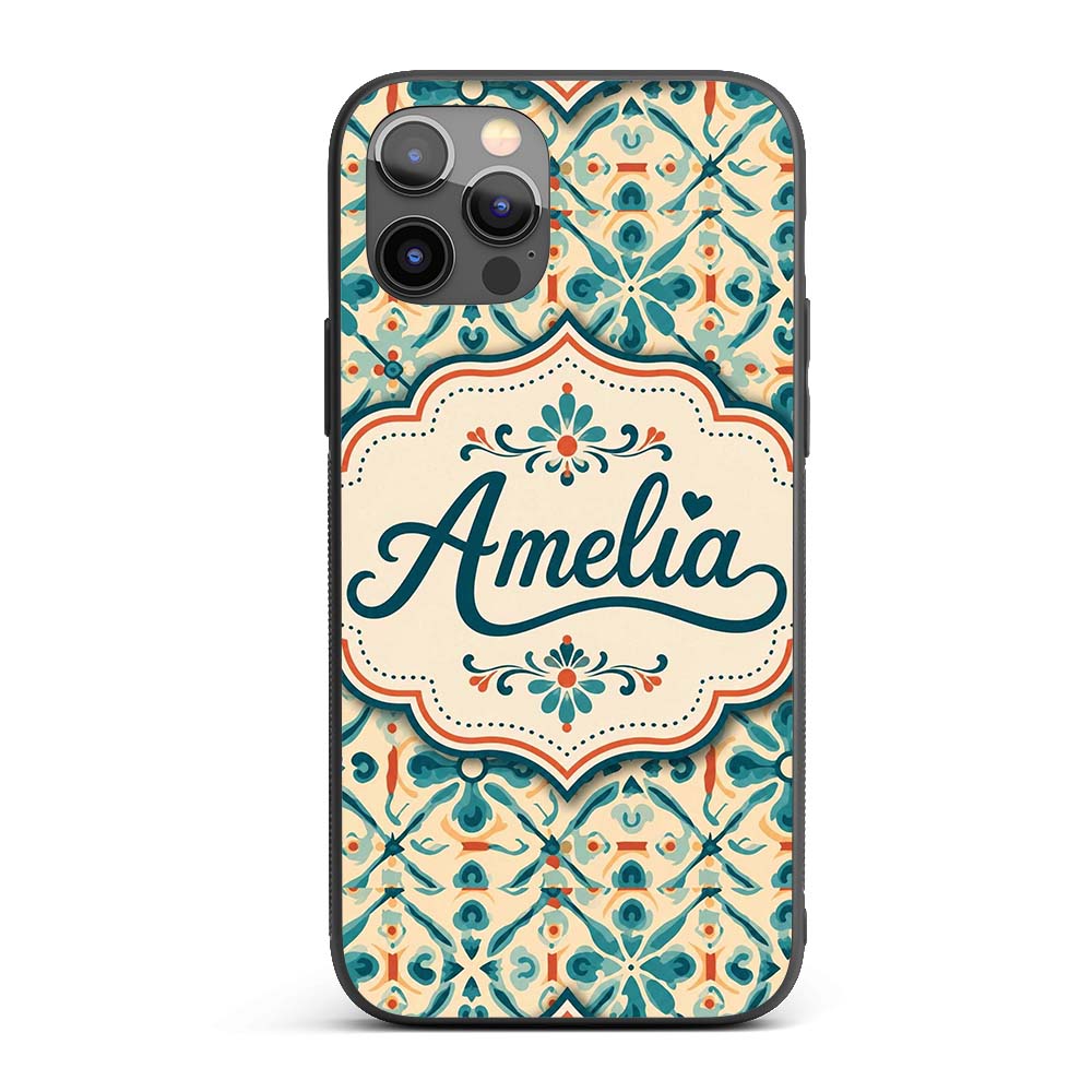 Teal and Coral Geometric Floral Tile Pattern on Custom Name Protective Phone Case Mobile Cover Durable Everyday Smartphone Shock Resistant