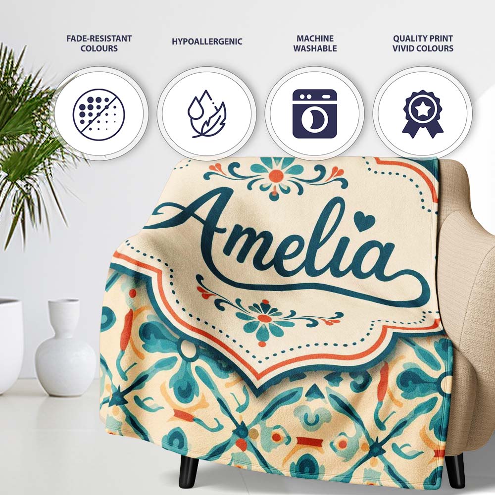 Teal and Coral Geometric Floral Tile Pattern on Warm Cream Lovely Personalised Custom Name Super Soft Fleece Blanket Bed Sofa Throw