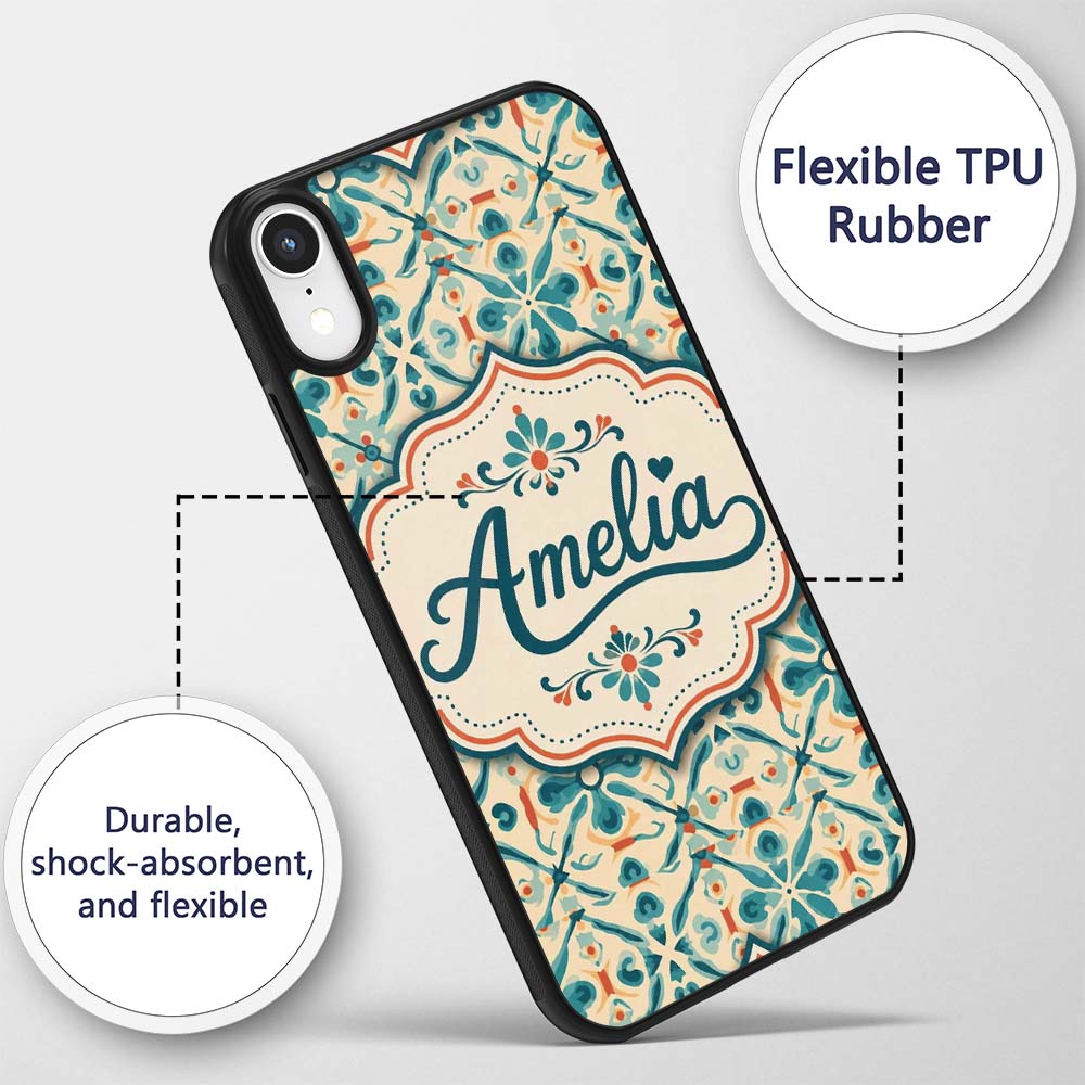 Teal and Coral Geometric Floral Tile Pattern on Custom Name Protective Phone Case Mobile Cover Durable Everyday Smartphone Shock Resistant