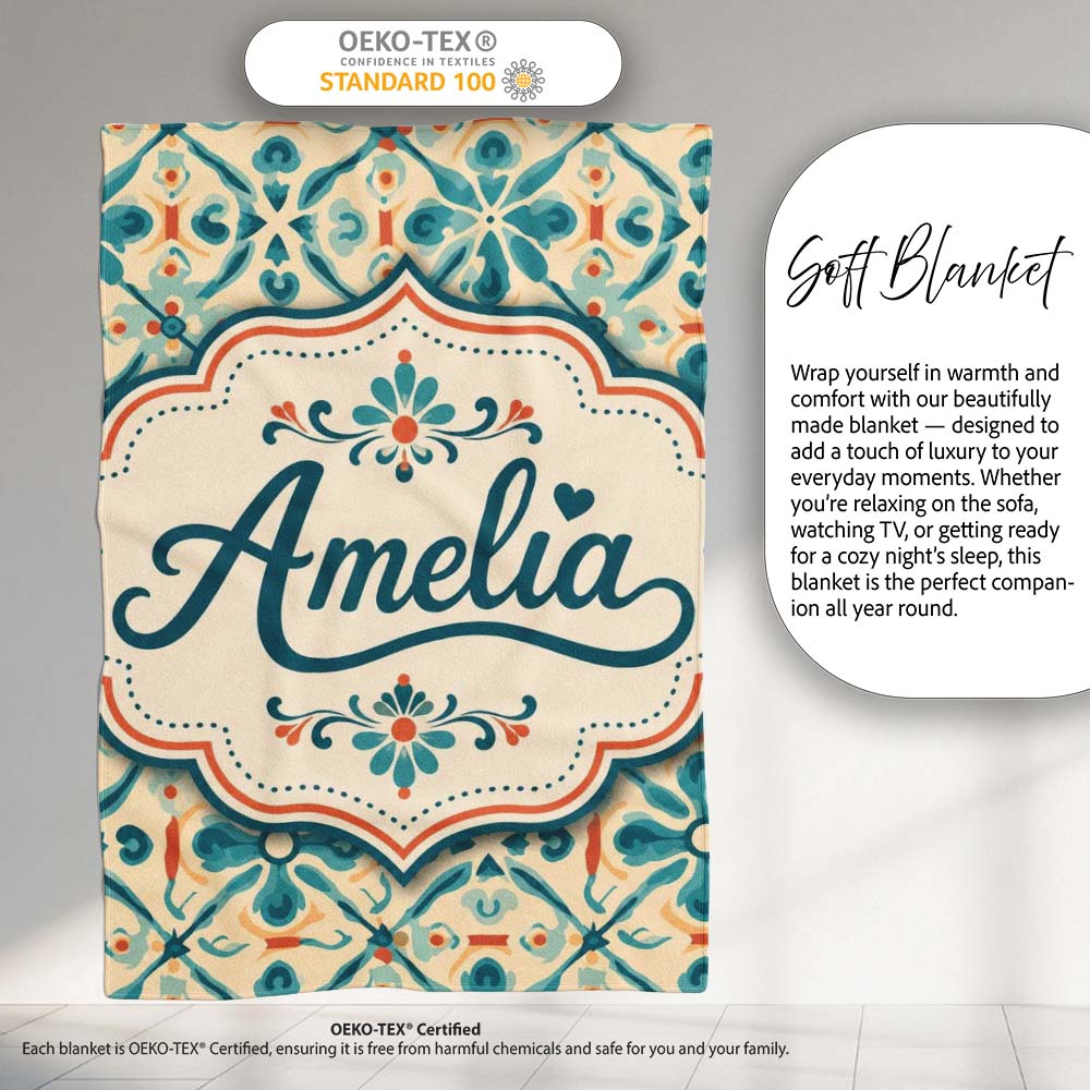 Teal and Coral Geometric Floral Tile Pattern on Warm Cream Lovely Personalised Custom Name Super Soft Fleece Blanket Bed Sofa Throw