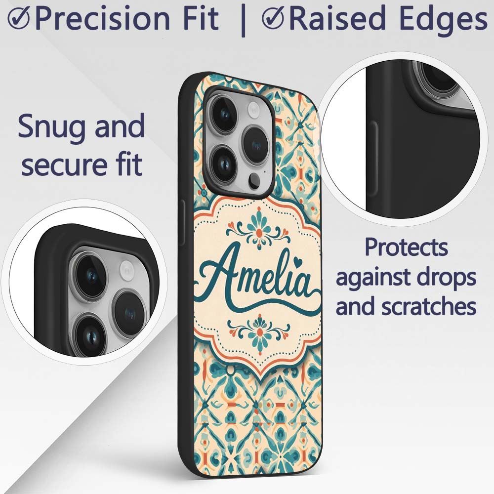Teal and Coral Geometric Floral Tile Pattern on Custom Name Protective Phone Case Mobile Cover Durable Everyday Smartphone Shock Resistant