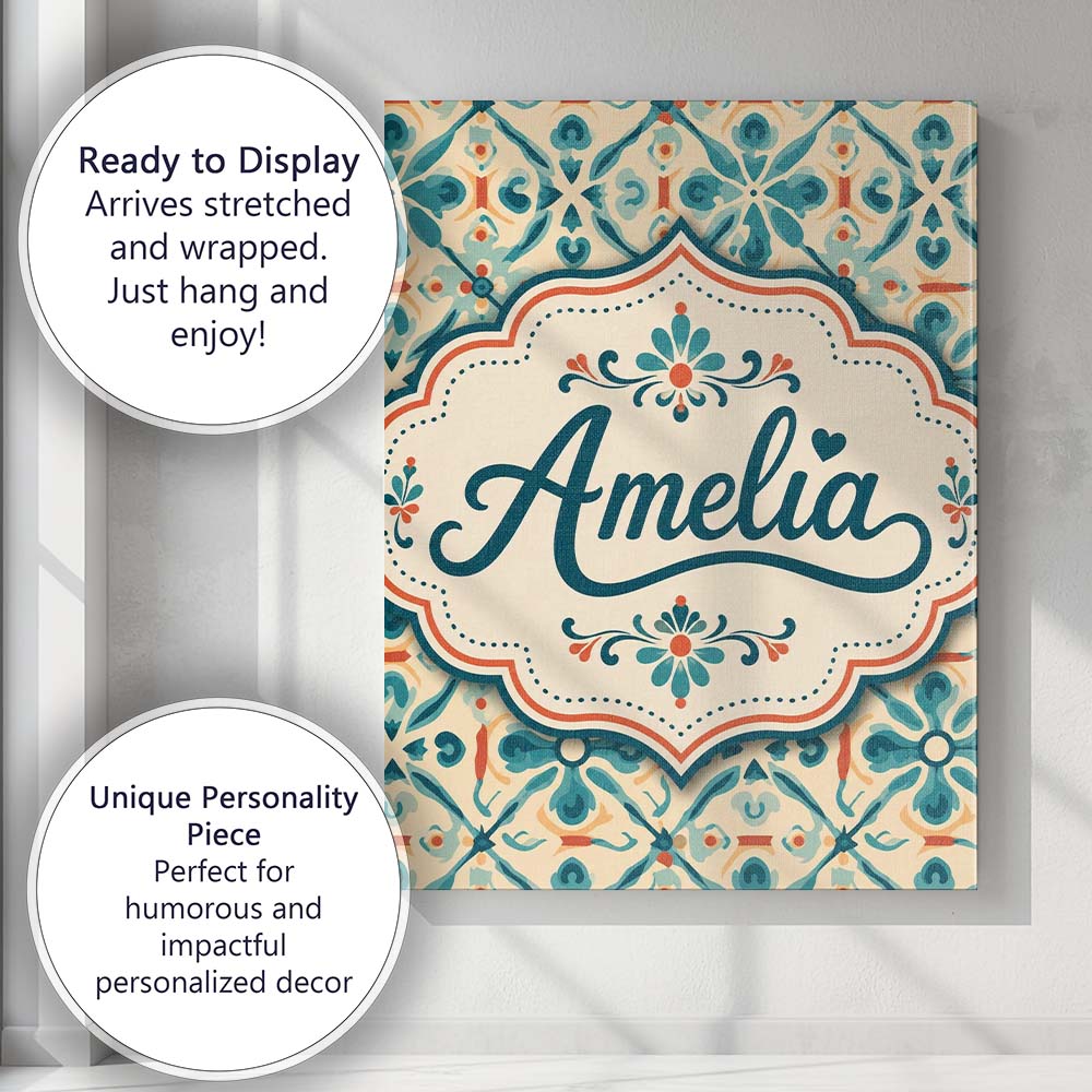 Personalised Name Teal and Coral Geometric Custom Unique Gift Idea Elegant Feature Canvas Wall Art Print Decor Picture Ready to Hang