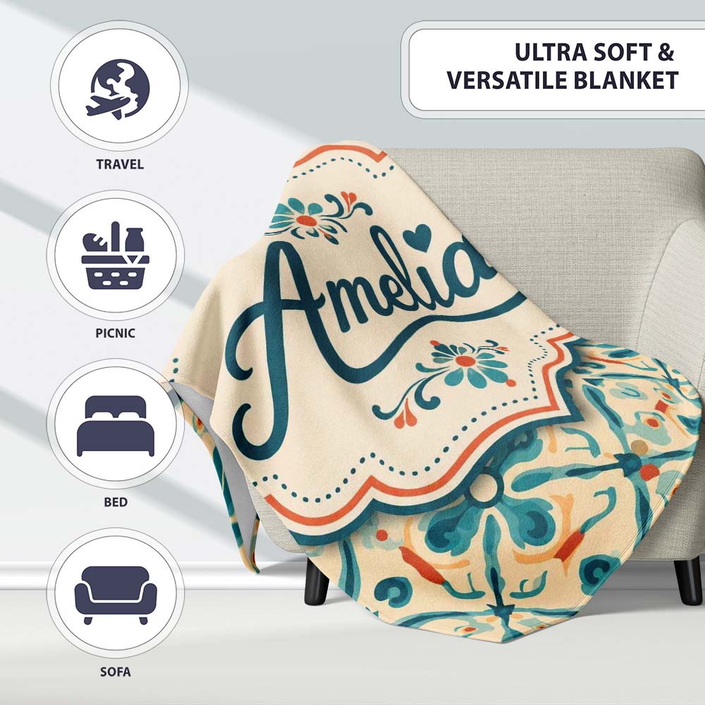 Teal and Coral Geometric Floral Tile Pattern on Warm Cream Lovely Personalised Custom Name Super Soft Fleece Blanket Bed Sofa Throw