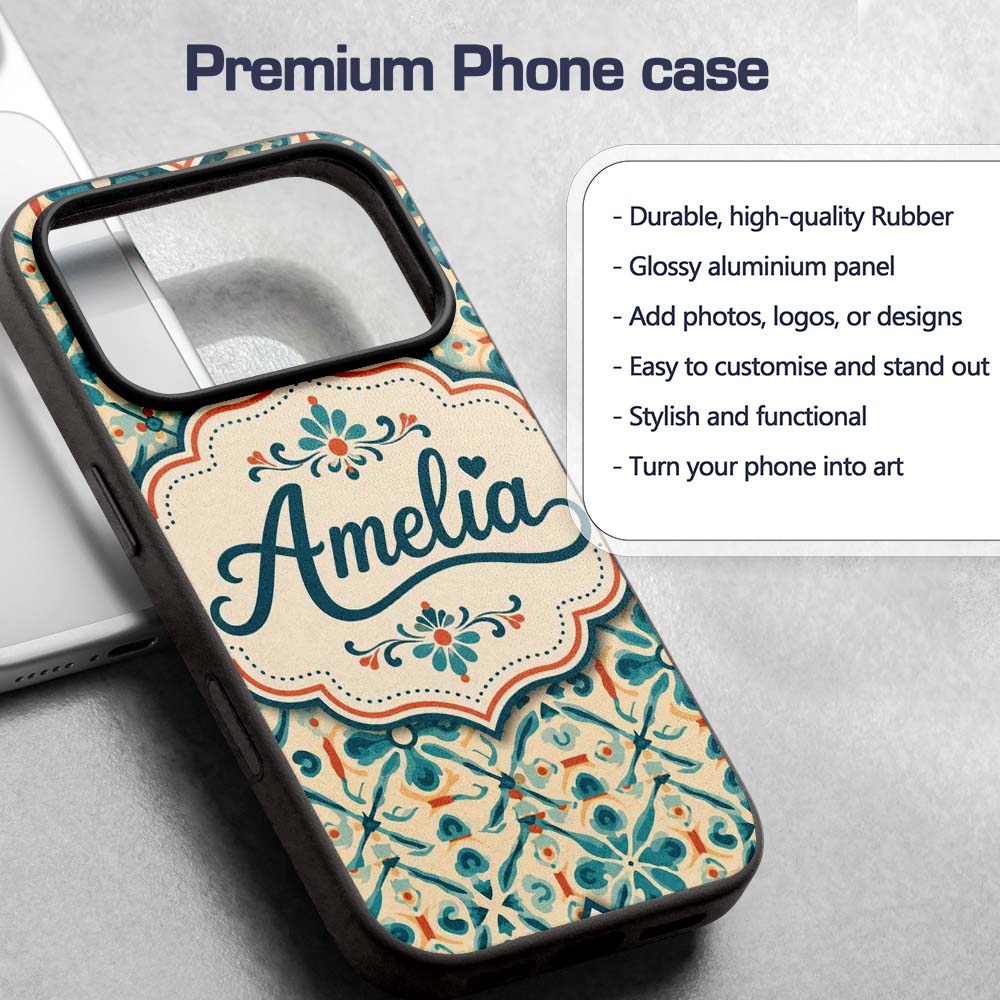 Teal and Coral Geometric Floral Tile Pattern on Custom Name Protective Phone Case Mobile Cover Durable Everyday Smartphone Shock Resistant