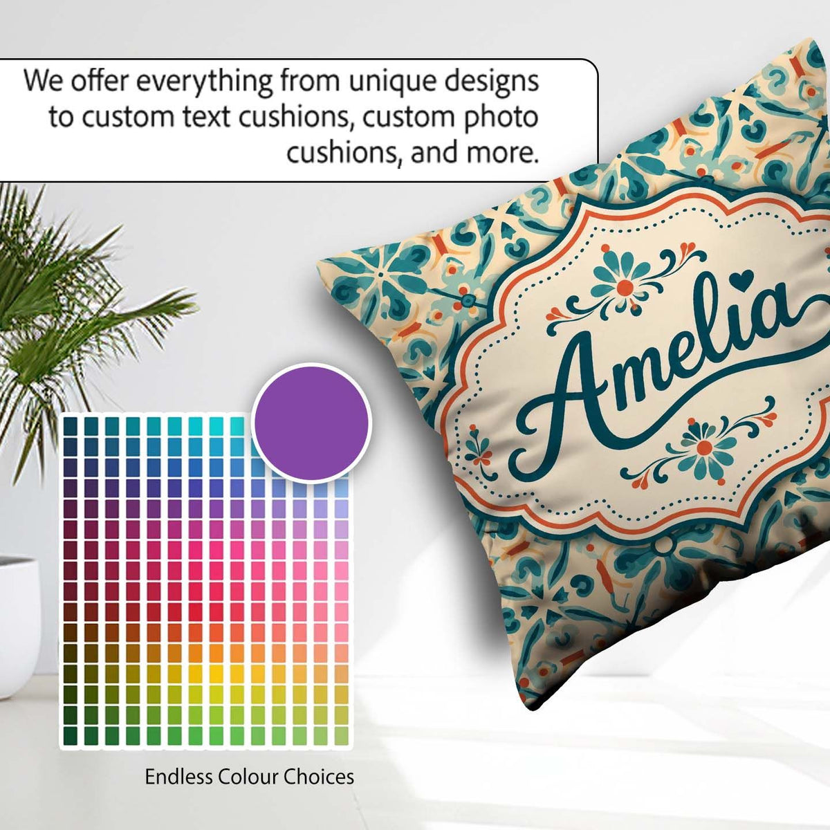 Custom Name Teal and Coral Geometric Floral Tile Pattern on Warm Square Filled Cushion Throw Pillow Sofa Bed Home Decor Zip Washable UK Made