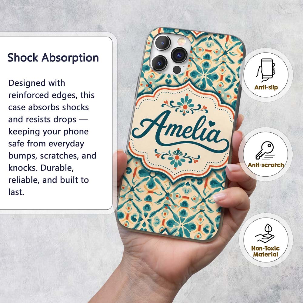 Teal and Coral Geometric Floral Tile Pattern on Custom Name Protective Phone Case Mobile Cover Durable Everyday Smartphone Shock Resistant