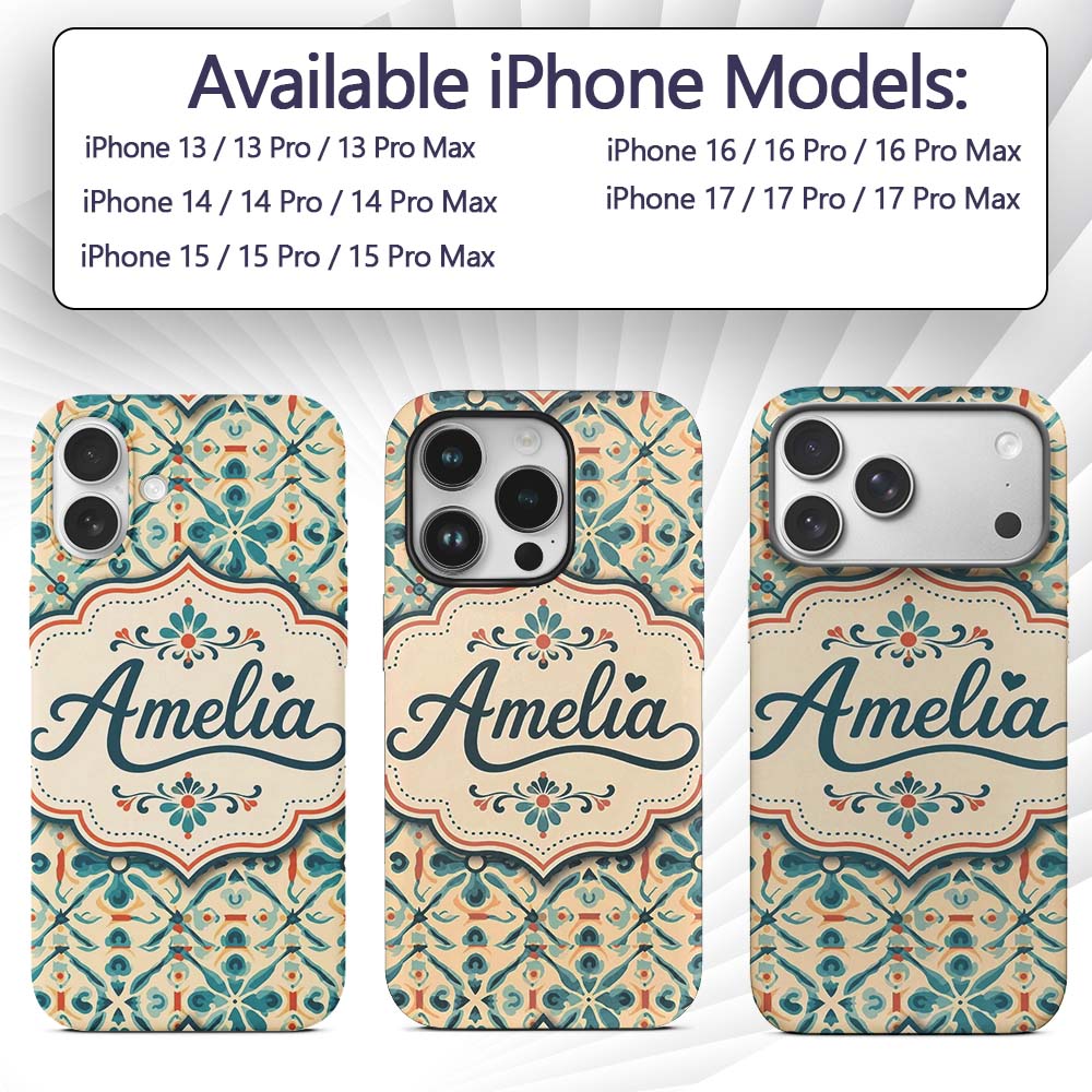Teal and Coral Geometric Floral Tile Pattern on Custom Name Protective Phone Case Mobile Cover Durable Everyday Smartphone Shock Resistant